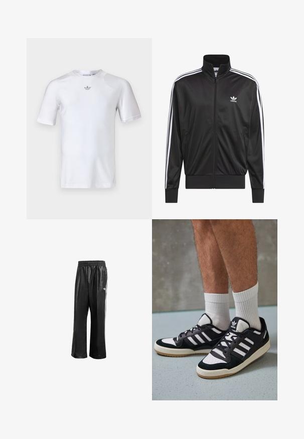 Jaqueta preta em poliéster com fecho, gola alta, design de três riscas brancas nas mangas e pequeno logótipo Adidas branco no lado esquerdo do peito.; T-shirt atlético branco feito de um tecido leve e suave. Mangas curtas, decote redondo e pequeno logótipo metálico no peito.; Calças de treino sintéticas pretas com um cós elástico, apresentando riscas laterais brancas e um pequeno logótipo branco no quadril esquerdo.; Ténis em preto e branco com upper em camurça e couro, apresentando três riscas brancas, um toe perfurado e uma sola em borracha de goma.