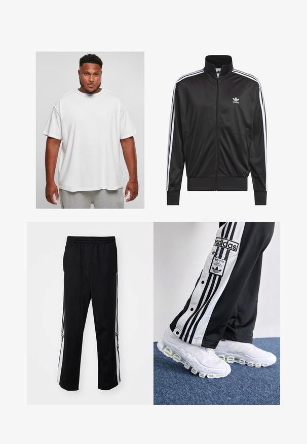 Melnas poliestera zip-up jaka ar augstu apkakli, baltu triju svītru dizainu gar piedurknēm un mazliet baltu Adidas logo kreisajā krūtī.; Balta pāraksta kokvilnas t-kreklis ar īsām piedurknēm un apaļu kakla izgriezumu, ar gludu tekstūru un brīvu piegriezumu, valkāts kopā ar pelēkiem šortiem.; Melnas sporta bikses, kas izgatavotas no gludas auduma, ar baltām sānu svītrām un elastīgu jostasvietu komfortam. Nav ievērojamu detaļu vai rakstu.; Adidas sporta bikses melnā un baltā krāsā ar trim svītrām un pogām, saliktām kreisajā pusē, apvienotas ar baltām sporta kurpēm ar masīvu, cilindrisku zoli.