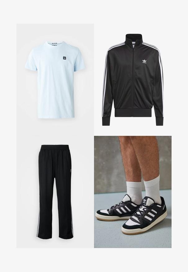 Sort polyester zip-jakke med høj krave, hvid tre-stribe design langs ærmerne og lille hvid Adidas-logo på venstre bryst.; Lyseblå bomulds-T-shirt med rund halsudskæring og korte ærmer. Har et lille sort firkantet logo på venstre brystområde.; Sorte træningsbukser med elastisk talje, der har hvide sidestænger og et lille logo. Materialet ser blødt og let ud.; Sorte og hvide sneakers med en overdel i ruskind og læder, der har tre hvide striber, en perforeret tå og en sål i gummigummi.