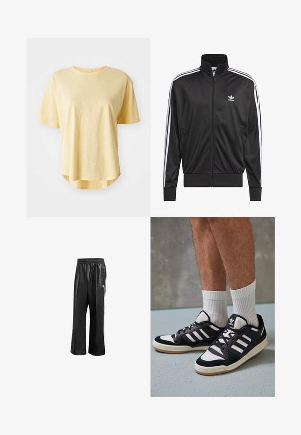 Černá polyesterová bunda na zip s vysokým límcem, bílý design tří pruhů podél rukávů a malé bílé logo Adidas na levé hrudi.; Žluté tričko s krátkým rukávem, pohodlného střihu, kulatým výstřihem, mírně zakřiveným spodním lemem a měkkou texturou materiálu.; Černé syntetické sportovní kalhoty s elastickým pasem, se bílými postranními pruhy a malým bílým logem na levém boku.; Černobílé tenisky s vrchní částí z semišové a kožené kůže, včetně tří bílých pruhů, perforovaného špičky a podrážky z gumy.