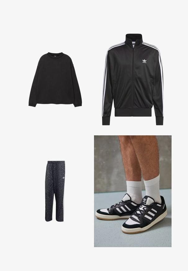 Sort polyester zip-jakke med høj krave, hvid tre-stribe design langs ærmerne og lille hvid Adidas-logo på venstre bryst.; Sort langærmet sweatshirt lavet af blødt bomuldsstof. Har en rund halsudskæring, drop skuldre, samt ribbede manchetter og kant. Glat tekstur.; Sorte træningsbukser med leopardmønster, der har et hvidt tre-stribet design og et atletisk mærkes logo på siden.; Sorte og hvide sneakers med en overdel i ruskind og læder, der har tre hvide striber, en perforeret tå og en sål i gummigummi.