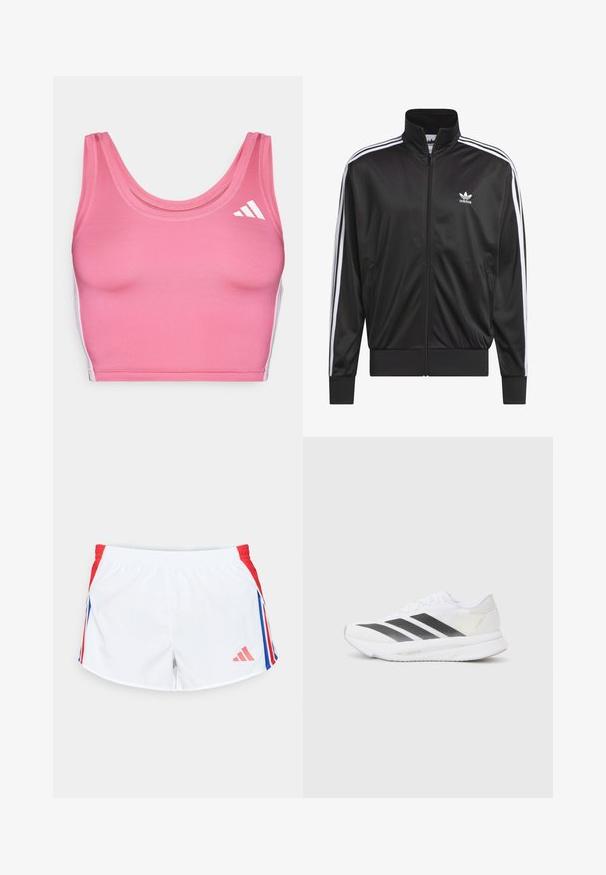 Schwarze Polyester-Jacke mit Reißverschluss und hohem Kragen, weißem Dreistreifen-Design an den Ärmeln und kleinem weißen Adidas-Logo auf der linken Brust.; Rosa sportlicher Croptop aus dehnbarem Material, mit rundem Ausschnitt und weißen Logo-Akzenten auf der linken Seite.; Weiße Sportshorts mit roten Seitenpaneelen und blauen Streifen. Elastischer Bund und Logo auf der unteren linken Seite. Glatte Stoffoberfläche.; Weißer Sportschuh mit schwarzen diagonalen Streifen, Mesh-Obermaterial, abgerundetem Zehenbereich und strukturiertem Profil. Akzente sind ein silberner Heel und ein minimalistisches Design.