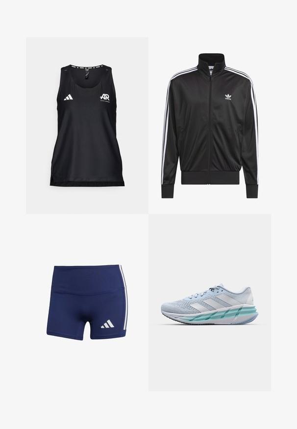 Zwarte polyester zip-up jas met hoge kraag, witte drie-strepen ontwerp langs de mouwen en klein wit Adidas-logo op de linkerbovenborst.; Zwarte sportieve tanktop van ademend materiaal. Beschikt over een ronde halslijn, een normale pasvorm en een wit Adidas-logo aan de voorkant.; Donkerblauwe sportshorts met een strakke pasvorm, gemaakt van gladde stof, met witte zijstrepen en een logo op de linkeronderzijde.; Lichtblauwe sportschoenen met een gestructureerde breitbovenkant, witte accenten en een doorzichtige groene tussenzool. Ronde neus en gevoerde kraag.