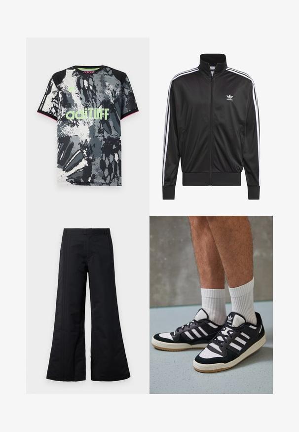 Μαύρο τζάκετ από πολυεστέρα με φερμουάρ και ψηλό γιακά, λευκή τριπλή ρίγα κατά μήκος των μανικιών και μικρό λευκό λογότυπο Adidas στο αριστερό στήθος.; Μπλούζα αθλητική κοντομάνικη με στρογγυλή λαιμόκοψη, σε μαύρη, λευκή και γκρι αφηρημένη εκτύπωση. Διαθέτει λογότυπο "adiTUFF" σε νεον πράσινο και ροζ λεπτομέρειες.; Μαύρο παντελόνι σε φαρδύ στιλ από λείο ύφασμα, με πτυχές μπροστά και ζώνη. Καθαρός σχεδιασμός χωρίς ορατά μοτίβα ή λεπτομέρειες.; Μαύρα και λευκά αθλητικά παπούτσια με άνω μέρος από σουέτ και δέρμα, featuring τρεις λευκές ρίγες, περατά δάχτυλα και σόλα από καουτσούκ τύπου γκαστ.