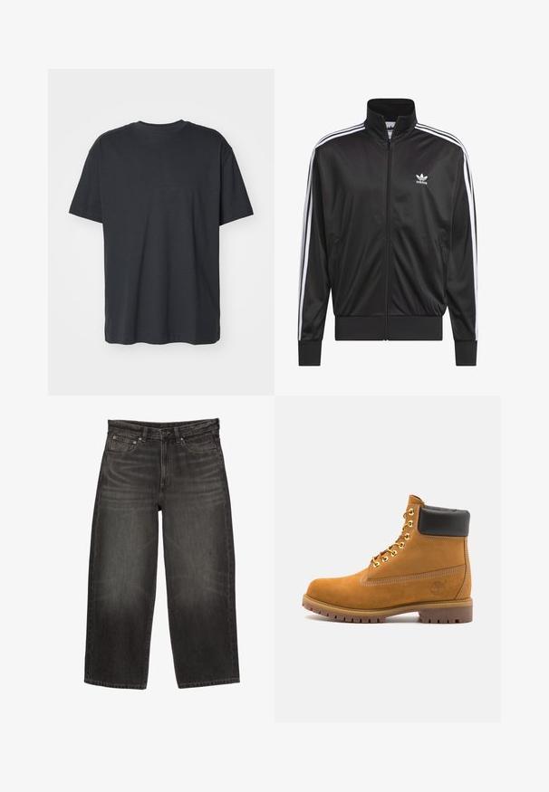 Schwarze Polyester-Jacke mit Reißverschluss und hohem Kragen, weißem Dreistreifen-Design an den Ärmeln und kleinem weißen Adidas-Logo auf der linken Brust.; Schwarzes Baumwoll-T-Shirt mit kurzen Ärmeln, rundem Ausschnitt, lockerer Passform und glatter Textur. Keine sichtbaren Muster oder zusätzlichen Details.; Schwarze weit geschnittene Denim-Jeans mit Fronttaschen, Gürtelschlaufen und Knopfverschluss, die subtile Verblassungen und Waschungen aufweisen.; Beige Wildleder-Ankle-Boot mit schwarzem gepolstertem Kragen, goldenen Metallösen, weißen Nähdetalben und einer robusten Gummisohle mit ausgeprägtem Profil.