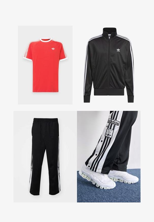 Čierna polyesterová bunda na zips s vysokým golierom, biely trojprúžkový dizajn pozdĺž rukávov a malé biele logo Adidas na ľavej hrudi.; Červené bavlnené tričko s bielym golierom a lemovaním rukávov. Obsahuje biely trojpruhový dizajn na pleciach a malé biele logo na hrudi.; Čierne športové nohavice vyrobené z hladkej tkaniny, s bielymi bočnými prúžkami a elastickým pásom pre pohodlie. Bez nápadných detailov alebo vzorov.; Čierne a biele teplákové nohavice Adidas so tromi pruhmi a cvokmi, skombinované s bielymi teniskami s hrubou, valcovitou podrážkou.