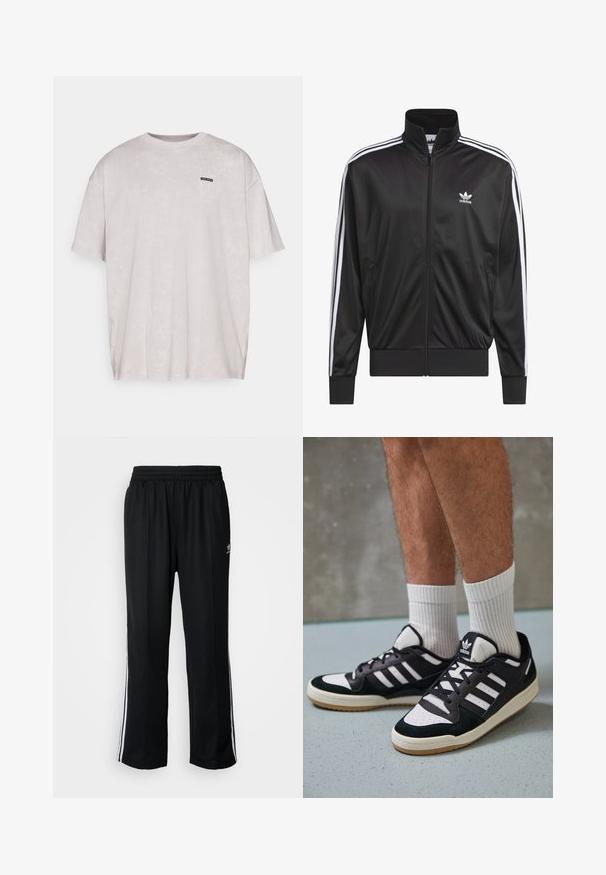 Juodas poliesterinis užtrauktukas su aukštu apykakle, baltos trijų juostelių dizainas palei rankoves ir mažas baltas Adidas logotipas kairiajame krūtinės pusėje.; Šviesiai pilkas, per didelis kruizinės kaklo marškinėlis, pagamintas iš minkštos medžiagos, su subtilia tekstūra ir mažu juodu ženklu kairėje krūtinės pusėje.; Juodi sportiniai keliai su elastingu juosmeniu, su baltais šonais ir mažu logotipu. Atrodo, kad medžiaga yra minkšta ir lengva.; Juodos ir baltos sportinės bateliai su zomšiniu ir odiniu viršumi, su trimis baltomis juostelėmis, perforuota koja ir guminėmis padais.