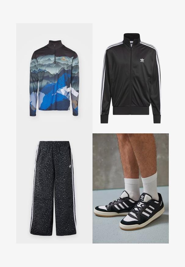 Černá polyesterová bunda na zip s vysokým límcem, bílý design tří pruhů podél rukávů a malé bílé logo Adidas na levé hrudi.; Bogner Fire + Ice PASCAL - Top s dlouhým rukávem - multicolor; adidas Originals GRAPHIC UNISEX - Teplákové kalhoty - black; Černobílé tenisky s vrchní částí z semišové a kožené kůže, včetně tří bílých pruhů, perforovaného špičky a podrážky z gumy.