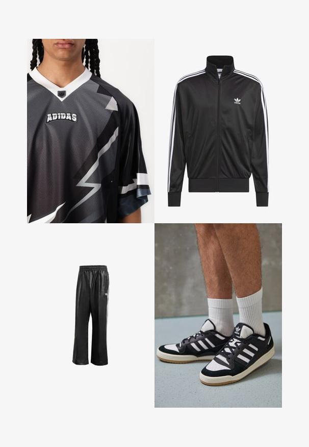 Black polyester zip-up jacket with high collar, white three-stripe design along sleeves, and small white Adidas logo on left chest.; Black and gray Adidas jersey with geometric patterns, short sleeves, v-neck, and embroidered logo on the chest. Textured, sporty fabric.; Black synthetic track pants with an elastic waistband, featuring white side stripes and a small white logo on the left hip.; Black and white sneakers with a suede and leather upper, featuring three white stripes, a perforated toe, and a gum rubber sole.