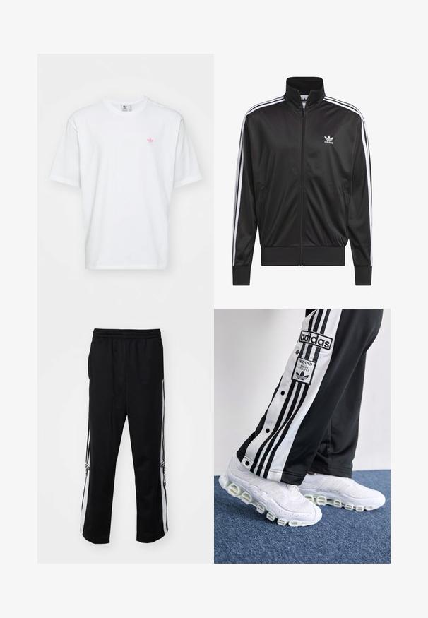 Mustad polüestrist tõmbluku jack, millel on kõrge krae, valge kolmest triibust koosnev disain varrukatel ja väike valge Adidas'i logo vasakul rinnal.; Valge puuvillane t-särk, millel on ümardatud kaelus ja lühikesed varrukad. Tähelepanuväärsed detailid on väike roosa ja roheline logo vasakul rinnal.; Musta sportlikud püksid, mis on valmistatud siledast kangast, valgete külgedega triipudega ja mugava elastse vöökohtaga. Pole märgatavaid detaile ega mustreid.; Adidase mustriided mustas ja valges, kolmega triibuga ja nupuga, koos valgete tossudega, millel on paks, torujalg.