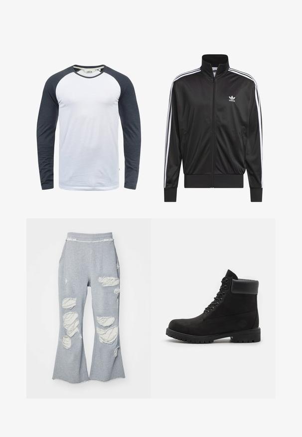 Čierna polyesterová bunda na zips s vysokým golierom, biely trojprúžkový dizajn pozdĺž rukávov a malé biele logo Adidas na ľavej hrudi.; Tričko s dlhým rukávom, s bielym telom a tmavosivými raglánovými rukávmi. Vyrobené z hladkej tkaniny s okrúhlym výstrihom a jemnými detailmi šitia.; Šedé tepláky s rozšíreným strihom nohavíc, ktoré majú viacero roztrhnutí odhaľujúcich svetlejší materiál. Elastický pás pre pohodlie.; Čierne šnurovacie členkové topánky s polstrovaným golierom a robustnou podrážkou, zobrazené zboku na bielom pozadí.