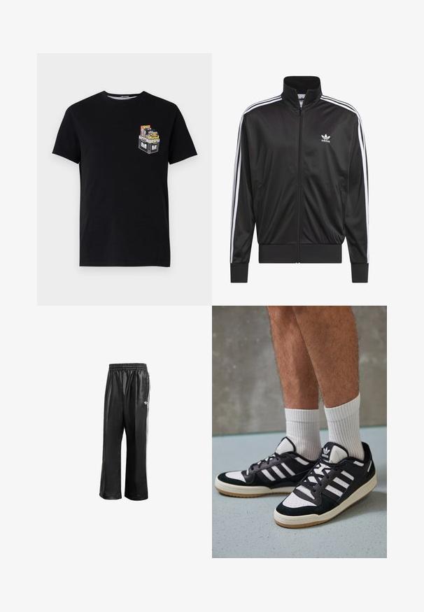 Černá polyesterová bunda na zip s vysokým límcem, bílý design tří pruhů podél rukávů a malé bílé logo Adidas na levé hrudi.; Černé bavlněné tričko s krátkými rukávy, které na levém prsu má malou grafiku bedny plné barevných předmětů.; Černé syntetické sportovní kalhoty s elastickým pasem, se bílými postranními pruhy a malým bílým logem na levém boku.; Černobílé tenisky s vrchní částí z semišové a kožené kůže, včetně tří bílých pruhů, perforovaného špičky a podrážky z gumy.