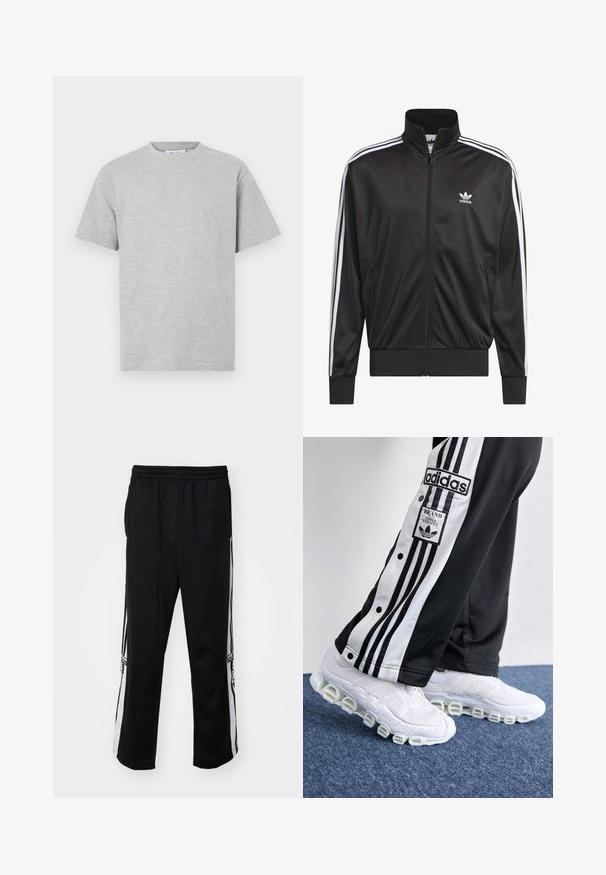 Jachetă neagră din poliester, cu fermoar, guler înalt, design cu trei dungi albe pe mâneci și mici logo-uri albe Adidas pe pieptul stâng.; Tricou din bumbac gri cu guler rotund, mâneci scurte și croială lejeră. Textură netedă, fără modele sau accente vizibile.; Pantaloni sportivi negri dintr-un material neted, cu dungi albe pe laterale și un waistband elastic pentru confort. Fără detalii sau modele notabile.; Pantaloni de trening Adidas în alb și negru cu trei dungi și butoane prin presare, asociați cu adidași albi cu o talpă groasă și tubulară.