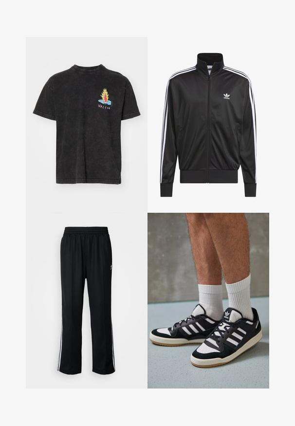 Black polyester zip-up jacket with high collar, white three-stripe design along sleeves, and small white Adidas logo on left chest.; Black short-sleeve t-shirt made of cotton, featuring a colorful graphic of a hand with flames and the text "VOLCOM" on the chest.; Black athletic pants with an elastic waistband, featuring white side stripes and a small logo. Material appears soft and lightweight.; Black and white sneakers with a suede and leather upper, featuring three white stripes, a perforated toe, and a gum rubber sole.