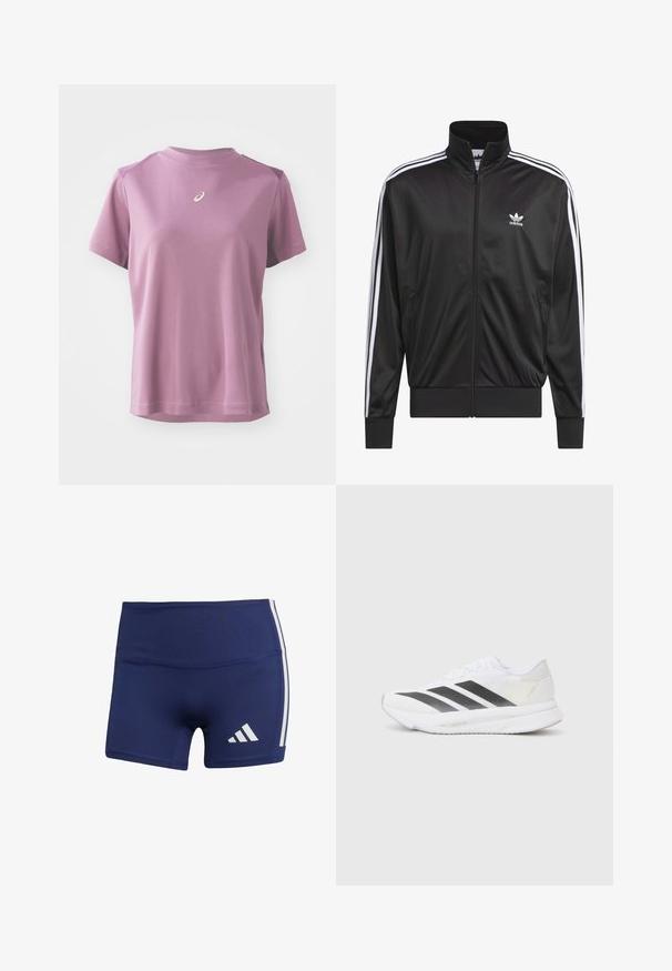 Chaqueta negra de poliéster con cremallera y alto cuello, diseño de tres rayas blancas a lo largo de las mangas y pequeño logo blanco de Adidas en el lado izquierdo del pecho.; Camiseta de manga corta, con cuello redondo en púrpura claro, fabricada en tejido suave con una textura lisa, y con un pequeño logo en el pecho.; Pantalones cortos deportivos de color azul marino con un ajuste ceñido, hechos de una tela suave, con rayas blancas en los costados y un logotipo en la parte inferior izquierda.; Zapatilla deportiva blanca con rayas diagonales negras, parte superior de malla, punta redondeada y suela texturizada. Los acentos incluyen un talón plateado y un diseño minimalista.