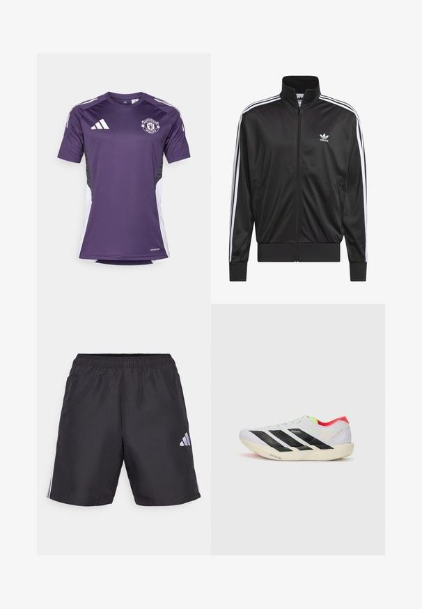 Fekete poliészter zipzáros dzseki magas gallérral, fehér háromsávos mintázattal az ujjak mentén, és kisméretű fehér Adidas logóval a bal mellrészen.; Lila Manchester United mez rövid ujjal, Adidas logóval és fehér oldalsó panelek kiemelésével. Nedvességelvezető anyagból készült.; Fekete sportnadrág, elasztikus derékkal, mindkét oldalon három fehér függőleges csíkkal és egy kis fehér logóval a bal alsó részen.; Fehér futócipő fekete csíkokkal, neon zöld részletekkel és piros sarokkal. Könnyű dizájnnal és texturált talppal rendelkezik a tapadás érdekében.