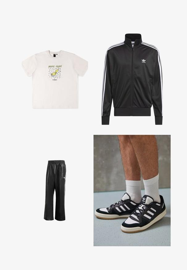 Juodas poliesterinis užtrauktukas su aukštu apykakle, baltos trijų juostelių dizainas palei rankoves ir mažas baltas Adidas logotipas kairiajame krūtinės pusėje.; Balta medvilninė marškinėlių su geltonu paukščiu grafika ir juodu tekstu "BREAK FREE!". Trumpomis rankovėmis ir laisvu kirpimu.; Juodos sintetinių medžiagų treniruočių kelnės su elastingu juosmeniu, su baltomis šoninėmis juostelėmis ir mažuoju baltu logotipu kairėje klubo pusėje.; Juodos ir baltos sportinės bateliai su zomšiniu ir odiniu viršumi, su trimis baltomis juostelėmis, perforuota koja ir guminėmis padais.