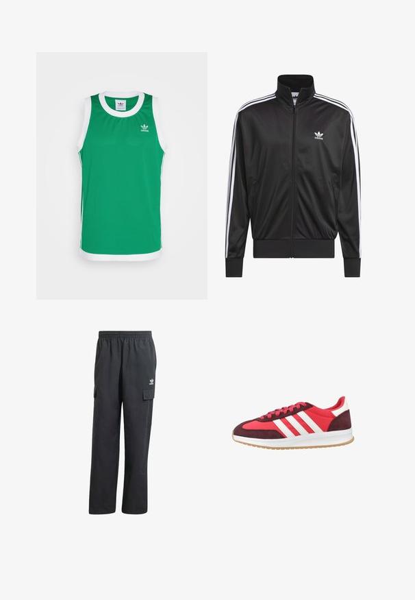 Crna poliester jakna s patentnim zatvaračem i visokim ovratnikom, bijeli dizajn s tri pruge duž rukava i mali bijeli Adidas logo na lijevoj strani prsnog koša.; adidas Originals ADICOLOR MOCK EYELET - Top - green; Crne cargo hlače s elastičnim pojasom, dva bočna džepa i suptilan logo na lijevom bedru. Izrađene su od lagane tkanine.; Crvene i maroon atletske tenisice s bijelim prugama, gornji dio od antilopa i sintetičkih materijala, ublaženi potplat i strukturalna gumena potplata.