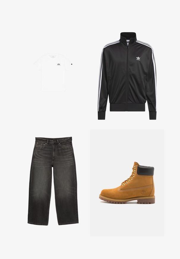 Schwarze Polyester-Jacke mit Reißverschluss und hohem Kragen, weißem Dreistreifen-Design an den Ärmeln und kleinem weißen Adidas-Logo auf der linken Brust.; Weißes Baumwoll-T-Shirt mit Rundhalsausschnitt, kurzen Ärmeln und einem kleinen schwarzen Logo auf der linken Brust. Einfaches und klassisches Design.; Schwarze weit geschnittene Denim-Jeans mit Fronttaschen, Gürtelschlaufen und Knopfverschluss, die subtile Verblassungen und Waschungen aufweisen.; Beige Wildleder-Ankle-Boot mit schwarzem gepolstertem Kragen, goldenen Metallösen, weißen Nähdetalben und einer robusten Gummisohle mit ausgeprägtem Profil.