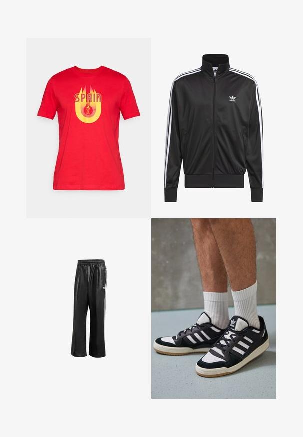 Černá polyesterová bunda na zip s vysokým límcem, bílý design tří pruhů podél rukávů a malé bílé logo Adidas na levé hrudi.; Červené bavlněné tričko s žlutým grafickým nápisem "SPAIN" a kruhovým logem s emblémem UEFA Euro uprostřed.; Černé syntetické sportovní kalhoty s elastickým pasem, se bílými postranními pruhy a malým bílým logem na levém boku.; Černobílé tenisky s vrchní částí z semišové a kožené kůže, včetně tří bílých pruhů, perforovaného špičky a podrážky z gumy.