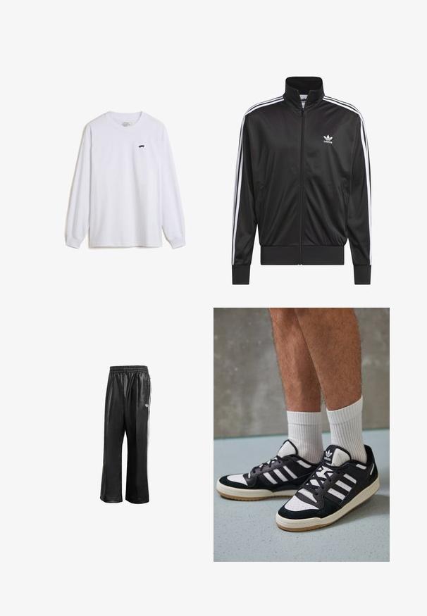 Black polyester zip-up jacket with high collar, white three-stripe design along sleeves, and small white Adidas logo on left chest.; White long-sleeve t-shirt made of cotton, featuring a small black skateboard graphic on the left chest and ribbed cuffs.; Black synthetic track pants with an elastic waistband, featuring white side stripes and a small white logo on the left hip.; Black and white sneakers with a suede and leather upper, featuring three white stripes, a perforated toe, and a gum rubber sole.