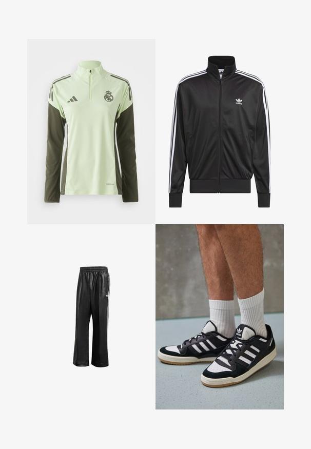 Čierna polyesterová bunda na zips s vysokým golierom, biely trojprúžkový dizajn pozdĺž rukávov a malé biele logo Adidas na ľavej hrudi.; Svetl zelený športový dres s tmavozelenými rukávmi, štvrťzipom a bielymi pruhmi; má logo na hrudi a branding AeroReady.; Čierne syntetické teplákové nohavice s elastickým pásom, s bielymi bočnými pruhmi a malým bielym logom na ľavom boku.; Čierno-biele tenisky s vrchom z semišu a kože, s troma bielymi pruhmi, perforovanou špičkou a gumovou podrážkou.