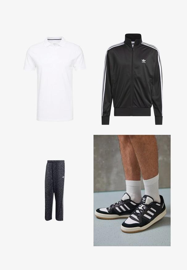 Juodas poliesterinis užtrauktukas su aukštu apykakle, baltos trijų juostelių dizainas palei rankoves ir mažas baltas Adidas logotipas kairiajame krūtinės pusėje.; Balti polo marškiniai, pagaminti iš medvilnės, su tradiciniu apykakle, trumpomis rankovėmis ir trijų mygtukų užtrauktuku, su subtiliais tamsiai mėlynais akcentais vidinėje pusėje.; Juodi sportiniai keliai su leopardų raštu, su baltu trijų juostų dizainu ir sportinės prekinio ženklo logo šone.; Juodos ir baltos sportinės bateliai su zomšiniu ir odiniu viršumi, su trimis baltomis juostelėmis, perforuota koja ir guminėmis padais.
