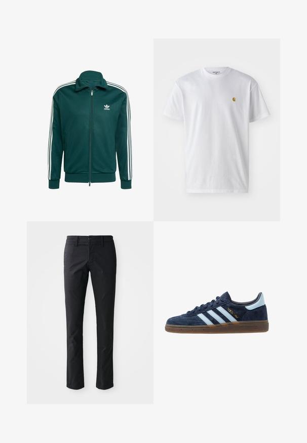 Zelena jopica na zadrgo iz mehkega blaga. Ima bele stripe na rokavih in majhen bel logotip na prsih. Elastični manšeti in rob.; Bela bombažna majica s kratkimi rokavi, krožnim ovratnikom, z majhnim zlatim logotipom na levem prsnem predelu. Mehka tekstura in običajen kroj.; Črne hlače naravnega kroja iz gladkega blaga z enim gumbom in pasnimi zankami. Minimalistična zasnova brez vidnih vzorcev.; Mornarsko modri velur Adidas športni copati z svetlo modrimi črtami, gumijastim podplatom, svetlo modrim petnim jezičkom in zlatim oznako "Spezial" na strani.