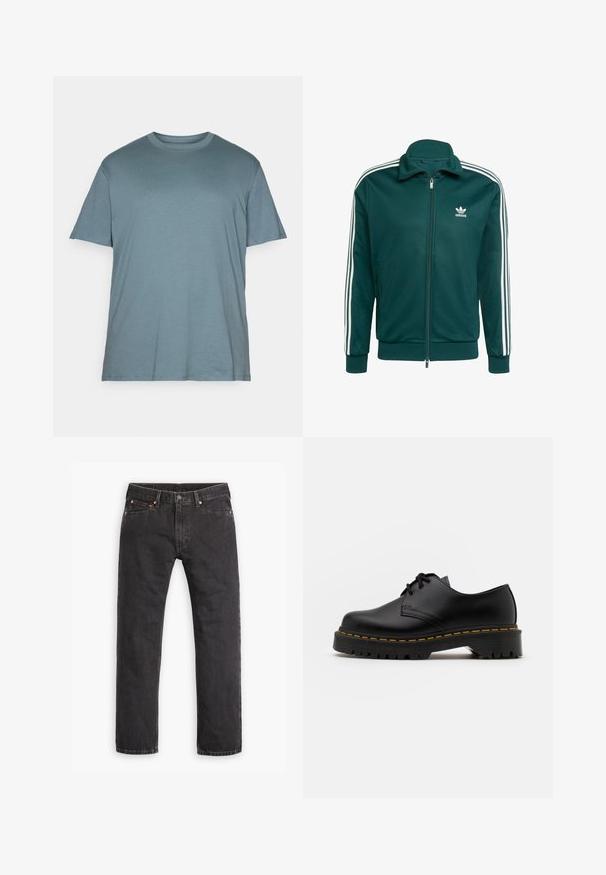 Groene zip-up jas van zacht stof. Voorzien van witte strepen op de mouwen en een klein wit logo op de borst. Elastische manchetten en onderrand.; Jack & Jones JJEBRADLEY NOOS - T-shirt basic - goblin blue; Zwarte denim jeans met rechte pijpen, vijf zakken, knoopsluiting en koperen klinknagels, plat gelegd op een witte achtergrond.; Zwarte leren veterschoen met een ronde neus, getextureerde rubberen zool en gele stiksels rond de basis. Plat ontwerp en een gladde afwerking.