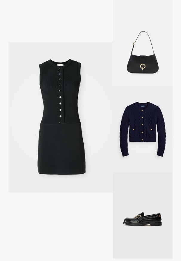 Gilet tricoté bleu marine avec motif en torsades, doté de boutons dorés et de deux poches avant. Longueur cropped, avec des poignets et un ourlet côtelés.; Robe sans manches noire en tricot côtes avec un col rond, dotée d'une patte de boutonnage à l'avant avec six boutons noirs et d'une silhouette ajustée.; Mocassins en cuir noir avec une finition brillante, dotés de deux boucles dorées et d'un talon bas. Texture lisse avec un design à bout arrondi.; Sac à main en cuir noir avec une silhouette arrondie, une courte bandoulière, un matériel doré central et une texture lisse. Aucun motif ni accent visible.