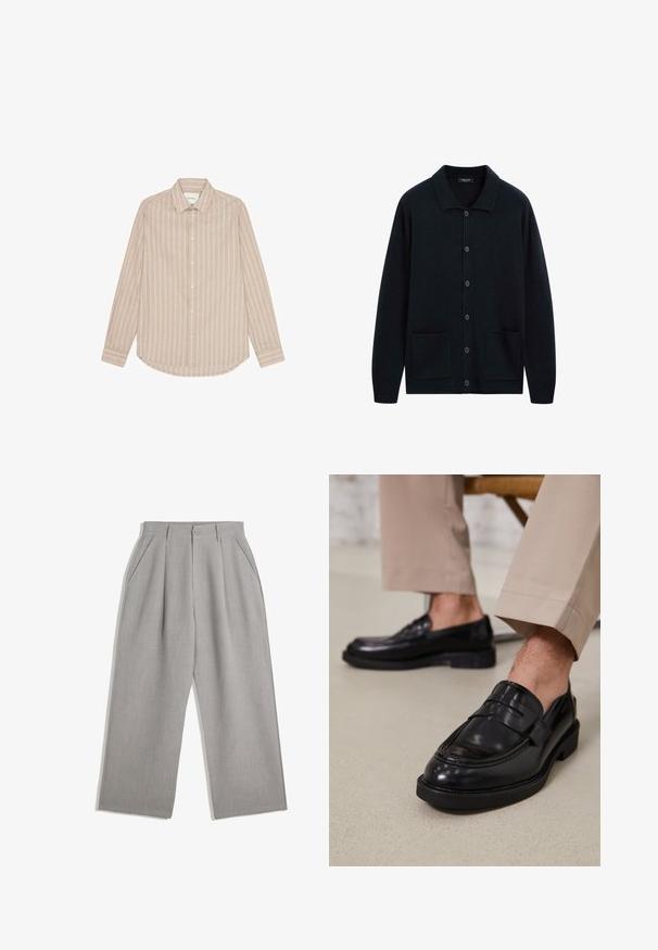 Tmavě modrý button-up cardigan vyrobený z měkké tkaniny, s pevným límcem, dvěma předními kapsami a uvolněným střihem.; Beige košile s dlouhým rukávem a vertikálními bílými pruhy, s límečkem na knoflíky a zakulaceným lemem. Má bílé knoflíky a decentní výšivku loga.; Světlé šedé kalhoty se střihem rovného nohavice, zdobené dvěma předními sklady a postranními kapsami, vyrobené z hladké tkaniny.; Černé kožené loafers s hladkým povrchem, zdobené páskem a kontrastním prošíváním, spárované s béžovými kalhotami.