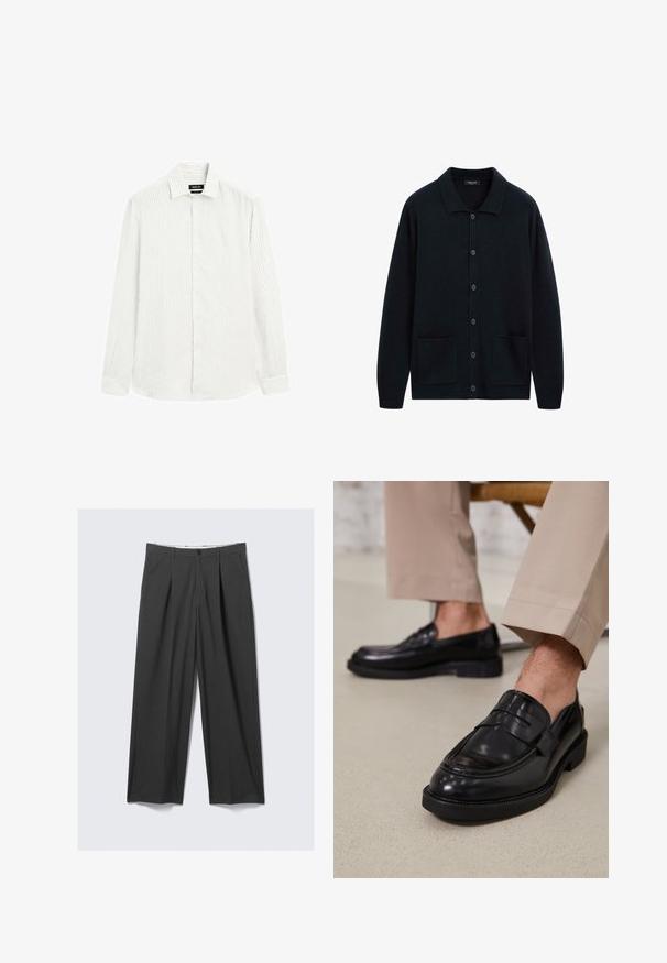 Dunkelblaues Button-up-Kardigan aus weichem Stoff mit strukturiertem Kragen, zwei Fronttaschen und lockerer Passform.; Langarmhemd in Hellgrau mit subtilen vertikalen Streifen. Button-down-Kragen, durchgängige Knopfleiste und Ein-Knopf-Manschetten. Strukturiert gewebter Stoff.; Graue, weit geschnittene Hosen mit Falten. Aus einem glatten Stoff gefertigt, mit einem Frontknopfverschluss und Gürtelschlaufen. Flach geschnittenes Design.; Schwarze Lederloafers mit glatter Oberfläche, ausgestattet mit einem dekorativen Riemen und Kontrastnähten, kombiniert mit beigen Hosen.