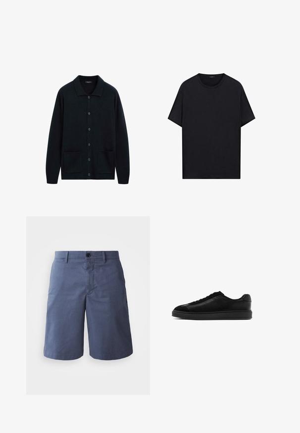 Donkerblauwe button-up cardigan van zachte stof met een gestructureerde kraag, twee voorzakken en een ontspannen pasvorm.; Zwart t-shirt met korte mouwen en rechte zoom, plat weergegeven op een witte achtergrond.; Marineblauwe katoenen shorts met een plat front, enkele knoopsluiting, twee zijzakken en een recht gesneden pijp. Glad textuur, geen zichtbare patronen.; Zwarte leren sneakers met een gladde afwerking, ronde neus, vetersluiting aan de voorkant en een contrasterende, gestructureerde tong. Dikke zwarte rubberen zool.