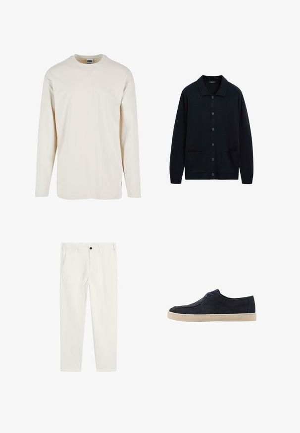 Dunkelblaues Button-up-Kardigan aus weichem Stoff mit strukturiertem Kragen, zwei Fronttaschen und lockerer Passform.; Langärmliges T-Shirt in Creme aus weicher Baumwolle, mit rundem Halsausschnitt und seitlichen Schlitzen für zusätzlichen Komfort. Minimalistisches Design, unifarbene Textur.; Weiße Baumwollhose mit geradem Bein, featuring einem einzigen schwarzen Knopfverschluss, Seitentaschen und sauberen Nähten.; Marineblaue Wildlederschuhe mit runder Spitze, zwei Ösen für die Schnürsenkel und einer cremefarbenen Gummisohle. Glatte Textur und minimalistisches Design.