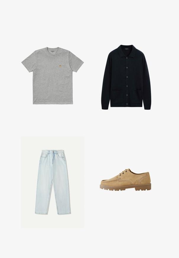 Mørkeblå knapop cardigan lavet af blødt stof, der har en struktureret krave, to frontlommer og en afslappet pasform.; Carhartt WIP CHASE - T-shirts basic - grey; Lys blå denim jeans med en afslappet pasform, lige ben design, fem-lomme stil og subtil falmning på stoffet.; Tan ruskinds snørebåndssko med rund tå, kontrastsytrå, og en tyk gummisål med en mønster, der giver godt greb.