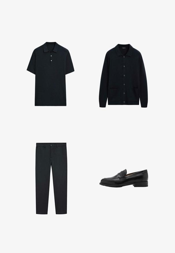 Mørkeblå knapop cardigan lavet af blødt stof, der har en struktureret krave, to frontlommer og en afslappet pasform.; Mørk marineblå kortærmet polo-shirt i tekstureret strikket stof, med krave og tre-knaps placket, samt lige kant.; Sorte bukser med lige ben design, lavet af glat stof. Har to forlommer og en knaplukning i taljen.; Sorte læder loafers med en syet front og flad hæl. Glat tekstur med en afrundet tå og en dekorativ rem hen over vristen.