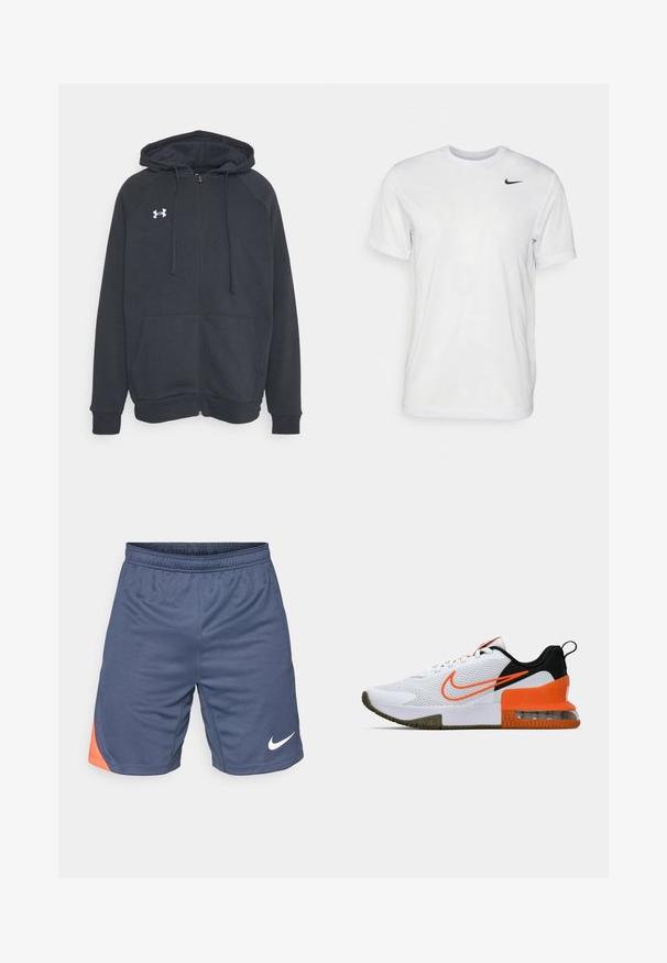 Tumehall kašmiri jakker, mis on valmistatud pehmest materjalist. Omab kapuutsi, esiseid taskuid ja valget logo vasakul rinnal. Pikkade varrukatega.; Valge lühikeste varrukatega t-särk, mis on valmistatud siledast kangast. Omab ümmargust kaelust ja väikest musta Nike logo vasakul rinnal.; Tumed sinise värviga sportlikud lühikesed püksid, millel on oranž aktsent vasakul küljel. Valmistatud kergetest kangast, elastsest vöökoht ja valge logo.; Valge sportlik king, millel on tekstuuriga võrkkangas, mustad ja oranžid detailid, paks kummitald ja selge õhukambriga osa kanna juures.