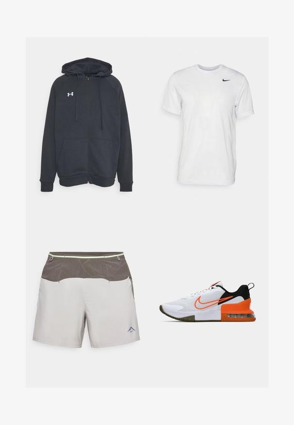 Tummanharmaa vetoketjullinen huppari, joka on valmistettu pehmeästä materiaalista. Siinä on huppu, etutaskut ja valkoinen logo vasemmassa rintataskussa. Pitkät hihat.; Valkoinen lyhythihainen t-paita, joka on valmistettu sileästä kankaasta. Ominaisuuksina pyöreä kaula-aukko ja pieni musta Nike-logo vasemmassa rinnassa.; Vaaleanharmaat shortsit, joissa on ruskea teksturoitu vyötärö, joustava naru ja sivutaskut. Alareunassa vasemmalla puolella on sininen logo.; Valkoinen urheilukenkä, jossa on ristikkopintainen yläosa, mustia ja oransseja yksityiskohtia, paksu kumipohja ja selkeä ilmatyynyosa kantapäässä.