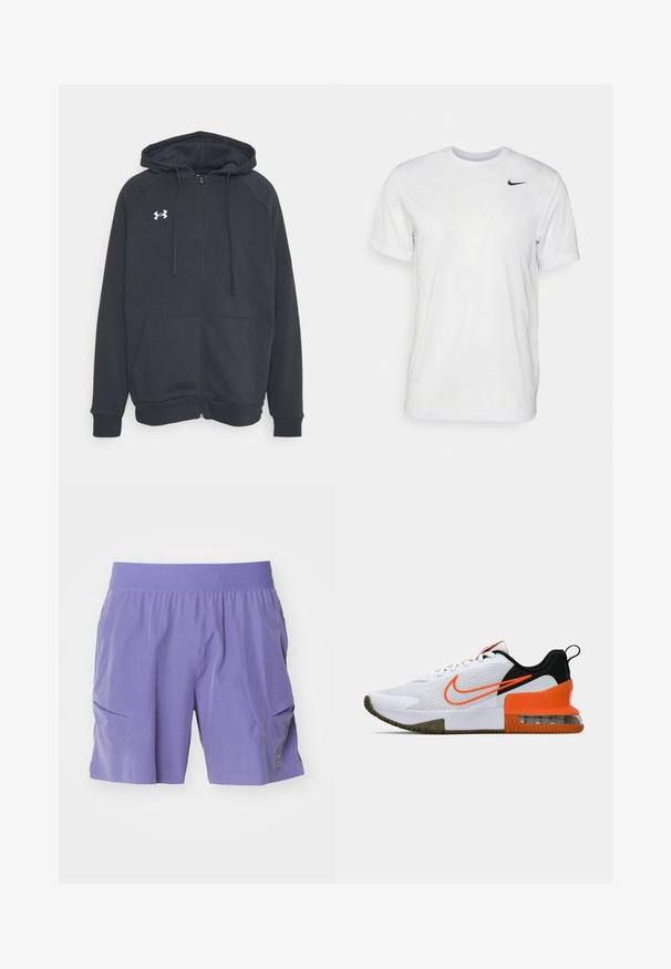 Dunkelgrauer Reißverschluss-Hoodie aus weichem Material. Verfügt über eine Kapuze, Fronttaschen und ein weißes Logo auf der linken Brustseite. Lange Ärmel.; Weißes T-Shirt mit kurzen Ärmeln aus glattem Stoff. Verfügt über einen runden Halsauschnitt und ein kleines schwarzes Nike-Logo auf der linken Brust.; Lila Shorts aus leichtem Material, mit elastischem Bund und zwei seitlichen Taschen. Einfaches Design mit einem dezenten Logodetail.; Weißer Sportschuh mit einem strukturierten Mesh-Obermaterial, schwarzen und orangefarbenen Akzenten, einer dicke Gummisohle und einem klaren Luftkissenbereich an der Ferse.