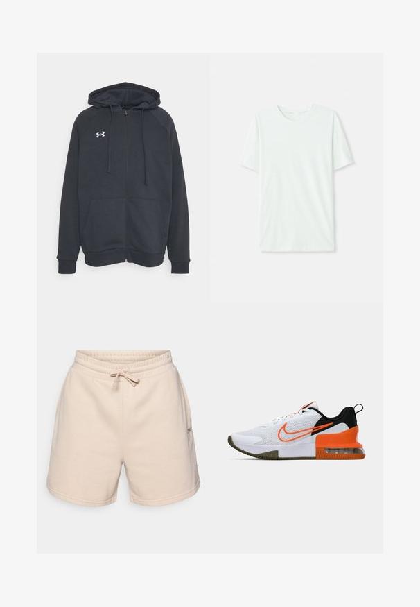 Tamsiai pilkas užtraukiamas megztinis iš minkštos medžiagos. Yra bliūdas, priekinės kišenės ir balta logo kairėje krūtinės pusėje. Ilgos rankovės.; Šviesiai mėtos žalios spalvos trumpų rankovių marškinėliai, pagaminti iš minkštos medžiagos. Turi apvalią iškirptę ir paprastą tiesų siluetą be dekoro.; Bežiniai medvilniniai šortai su elastine juosmeniu, reguliuojamu raišteliu ir dviem šoninėmis kišenėmis. Ant šono yra mažas logotipas.; Baltas sportinis batas su tekstūruota tinkline viršutine dalimi, juodais ir oranžiniais akcentais, storu guminio pado sluoksniu ir AIr pagalvės skaidriąja dalimi kulne.