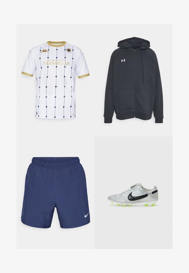 Tumehall kašmiri jakker, mis on valmistatud pehmest materjalist. Omab kapuutsi, esiseid taskuid ja valget logo vasakul rinnal. Pikkade varrukatega.; Valge särk, millel on tumesinised teemantmustrid, kuldsed detailid ja "Football Club de VERSAILLES" kuldsete tähtedega. Lühikesed varrukad ja ümmargune kaelus.; Tumed sinine sportlikud lühikesed püksid, mis on valmistatud kergest kangast. Omab elastset vööosa ja väikest valget Nike logo vasakul alapoole.; Hõbedane jalgpallikets, millel on must Nike logo, võrkdetaill ja neoonrohelised nupud. Omab sidekonstruktsiooni ja tekstuurset üliosa haardeks.