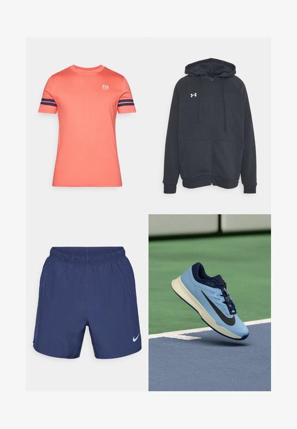 Donkergrijze zip-up hoodie gemaakt van zacht materiaal. Bevat een capuchon, zijzakken en een wit logo op de linkerborst. Lange mouwen.; Korte mouwen, ronde hals t-shirt in koraal, voorzien van marineblauwe strepen op de mouwen en een klein logo op de borst. Zachte katoenstof.; Donkerblauwe sportshorts van lichtgewicht stof. Voorzien van een elastische tailleband en een klein wit Nike-logo aan de onderzijde aan de linkerkant.; Lichtblauwe sportschoen met marineblauwe accenten, een gestructureerde mesh bovenkant en zwart Swoosh-logo. Bevat een gewatteerde middenzool en rubberen buitenzool.