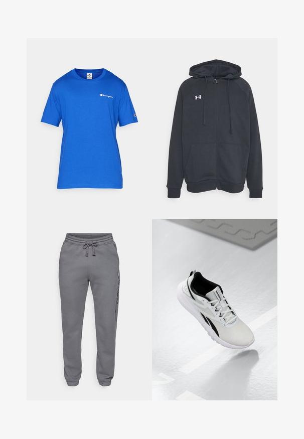 Temno siva zip-up kapuca, izdelana iz mehke tkanine. Ima kapuco, sprednje žepe in belo logo na levem prsnem delu. Dolgi rokavi.; Modra bombažna majica s kratkimi rokavi in okroglim izrezom. Ima majhen bel logotip "Champion" na prsih in detajl logotipa na rokavu.; Champion ICONS TONAL CUFF LARGE LOGO - Spodnji deli trenirk - foggy; Svetlo sivi atletski čevljek z črnimi poudarki, teksturirano mrežasto zgornje posodje, oblazinjen podplat in vezalni sistem. Ima zanko za poteg na peti.