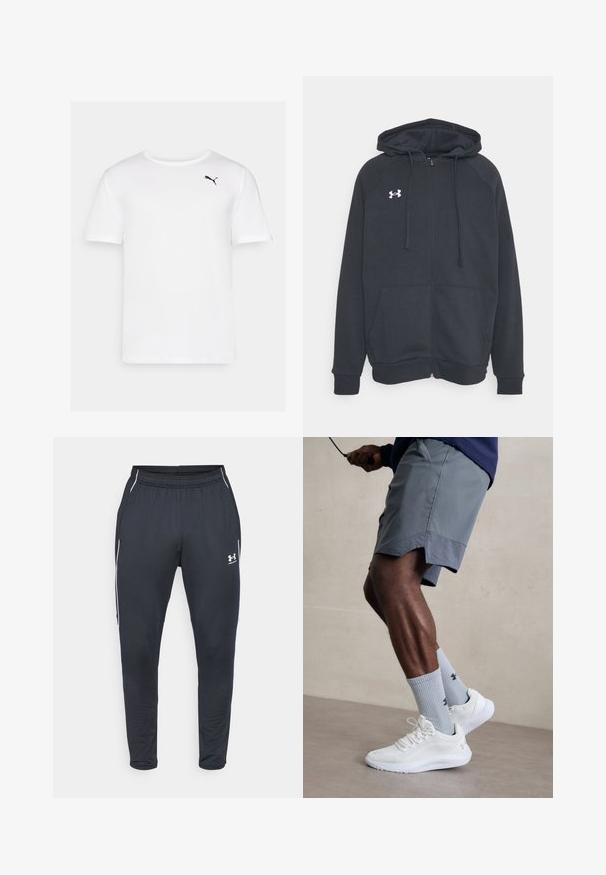 Tmavě šedá mikina na zip vyrobená z měkkého materiálu. Obsahuje kapuci, přední kapsy a bílé logo na levé části hrudi. Dlouhé rukávy.; Bílá krátká tričko s krátkým rukávem vyrobené z hladké tkaniny, s malým černým logem Puma na levé straně hrudi. Kulatý výstřih, bez vzorů.; Černé sportovní kalhoty vyrobené z hladkého textilu, s elastickým pasem, tapered nohavicemi a bílými bočními pruhy. Obsahují logo Under Armour.; Bílé sportovní boty s texturovaným síťovaným svrškem, spárované se světle modrými pruhovanými ponožkami s logem. Šedé sportovní šortky s perforovaným lemem.