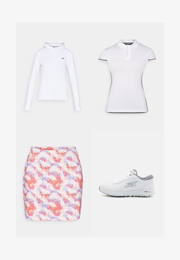 Vit zip-up hoodie gjord av mjukt, stretchigt tyg. Har en figurnära design, foder i huvan och en liten svart logotyp på bröstet.; Vit pikétröja med korta ärmar, krage och knäppning fram. Svarta detaljer på ärmar och sid sömmar. Mjuk och slät textur.; Färgglad blommig minikjol med en figursydd design, prydd med nyanser av rosa, blått och vitt på en mjuk tygkvalitet.; Vita idrottsskor med en strukturerad mesh-ovandel, silverdetaljer och en lätt sula med små greppknoppar, märkta "ULTRA FLIGHT."