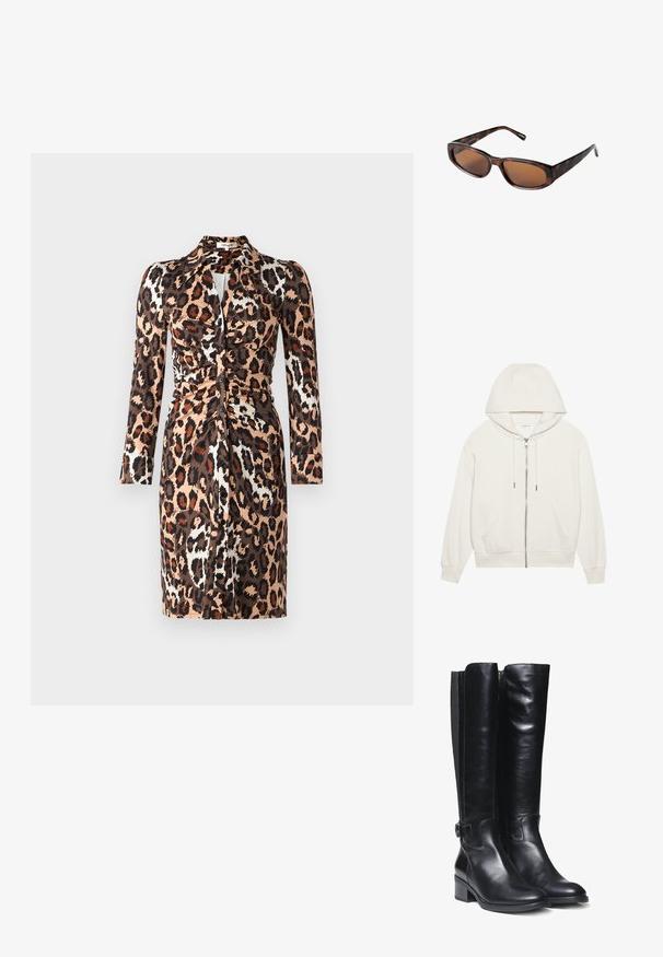 Biała bluza z kapturem na zamek, wykonana z miękkiej tkaniny. Posiada regulowany kaptur, przednie kieszenie oraz ściągacze przy mankietach. Prosty, minimalistyczny design.; Diane von Furstenberg SHESKA brązowy; Czarne skórzane buty za kolano o gładkiej teksturze, z bocznym zamkiem i niskim obcasem w kształcie bloku. Zawierają dekoracyjną klamrę na mankiecie.; Brązowe okulary przeciwsłoneczne w stylu tortoise z prostokątnymi soczewkami, smukłym profilem i zaokrąglonymi ramionami. Soczewki mają brązowy odcień, a oprawa wykonana jest z plastiku.