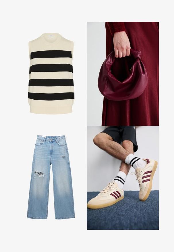 Beige Strickjacke mit V-Ausschnitt, mit vornem Bindeband, langen Ärmeln und gerippten Bündchen. Weiche Textur und gemütliches Design.; Ärmelloses gestricktes Oberteil im creme- und schwarz gestreiften Design. Verfügt über einen runden Ausschnitt und einen entspannten Schnitt mit einer sanften Textur.; Weißer gerippter Stoff mit glatter Textur und vertikalen Linien, die eine leichte Dehnbarkeit aufweisen und sich gut für körpernahe Kleidung eignen.; Hellblaue weite Denim-Jeans mit Distressed-Elementen an den Knien und einem Fünf-Taschen-Design. Sauberer, gerader Saum.; Beige Sneakers mit maronenfarbenen Streifen, strukturiertem Obermaterial und Gummisohle, kombiniert mit gerippten weißen Socken mit schwarzen Streifen.; Burgunderleder-Handtasche mit einem weichen, gerafften Design und einer gerundeten Form. Der Griff ist gesichert und zeigt eine glatte Textur.
