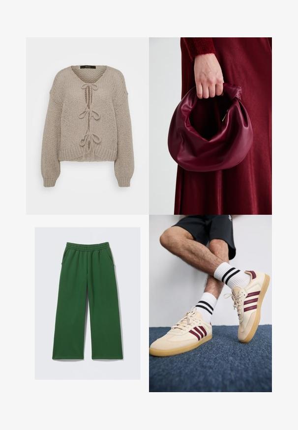 Beige stickad cardigan med V-ringning, med framslitsar, långa ärmar och ribbade muddarna. Mjuk textur och mysig design.; Vit ribbad tyg med en slät struktur och vertikala linjer, med lätt elastiskt motstånd, lämplig för figurnära plagg.; Gröna vida byxor i mjukt tyg med elastisk midja och sidofickor för praktisk användning. Inga synliga mönster eller detaljer.; Beige sneakers med kastanjebranschiga ränder, texturerad ovandel och gummisulor, i kombination med ribbade vita strumpor med svarta ränder.; Burgundy läderhandväska med en mjuk, samlad design och rundad form. Handtaget är säkrat och visar en slät yta.