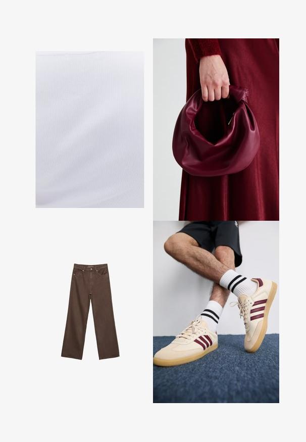 Beige strikket cardigan med V-udskæring, der har frontbindinger, lange ærmer og ribbede manchetter. Blød tekstur og hyggeligt design.; Hvid ribbet stof med en glat tekstur og lodrette linjer, der har en let stræk, velegnet til tætsiddende tøj.; Bredde ben brun denim jeans med høj talje, forlommer og klassisk knaplukning. Glat tekstur med diskret syninger.; Beige sneakers med maroon striber, tekstureret overdel og gummigummisål, parret med ribbede hvide sokker med sorte striber.; Bordeaux læderhåndtaske med et blødt, samlet design og en rund form. Håndtaget er sikret og viser en glat tekstur.
