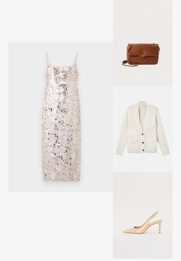 Grietos mezgimo kardiganas su ilgomis rankovėmis, dviem priekinių kišenėmis ir trimis juodais gėlių formos mygtukais priekyje.; Baum und Pferdgarten AVANI - Kokteilinė suknelė / vakarėlių suknelė - gold coloured; Nude patentinės odos slingback kulniukai su smailiu pirštu, atviru vampu ir plonu stiletu. Papuošta apvaliu auksiniu akcentu ant dirželio.; Ruda odinė per petį nešama kuprinė su užsegimu ant sklendės, auksinės spalvos aksesuarais ir grandinėlės dirželiu. Lygus paviršius, stačiakampio forma, minimalus apipavidalinimas.
